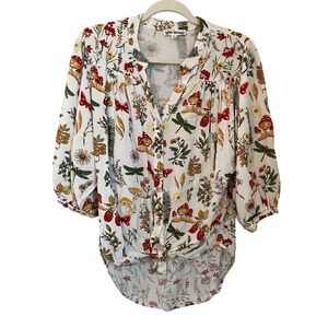 Hope Springs Size M Mushroom Dragonfly Floral Tie Front Top Cottagecore Gareden